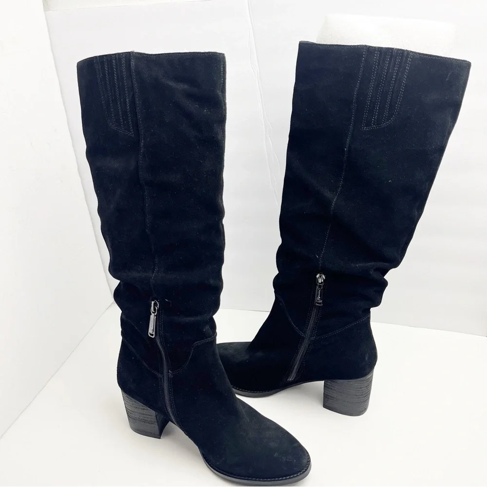 BLONDO Nada Black Leather Stacked Heel Waterproof Knee High Boots, Size 9.5